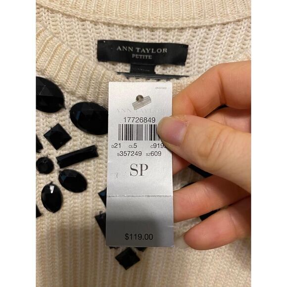 Ann Taylor Small/Petite Crew Neck Sweater NWT Cream Black Embellished Elegant - Picture 8 of 11